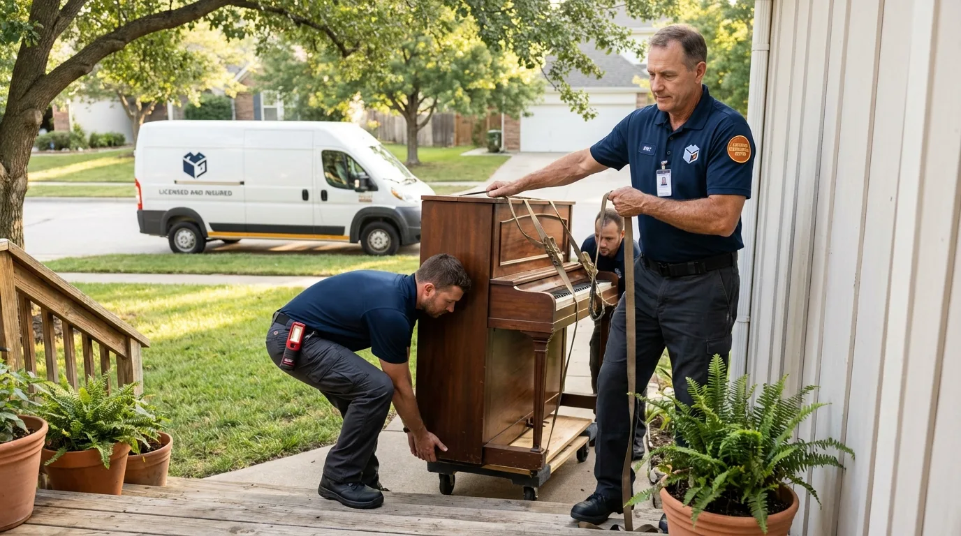 Licensed piano movers securing grand piano in New Orleans, LA
