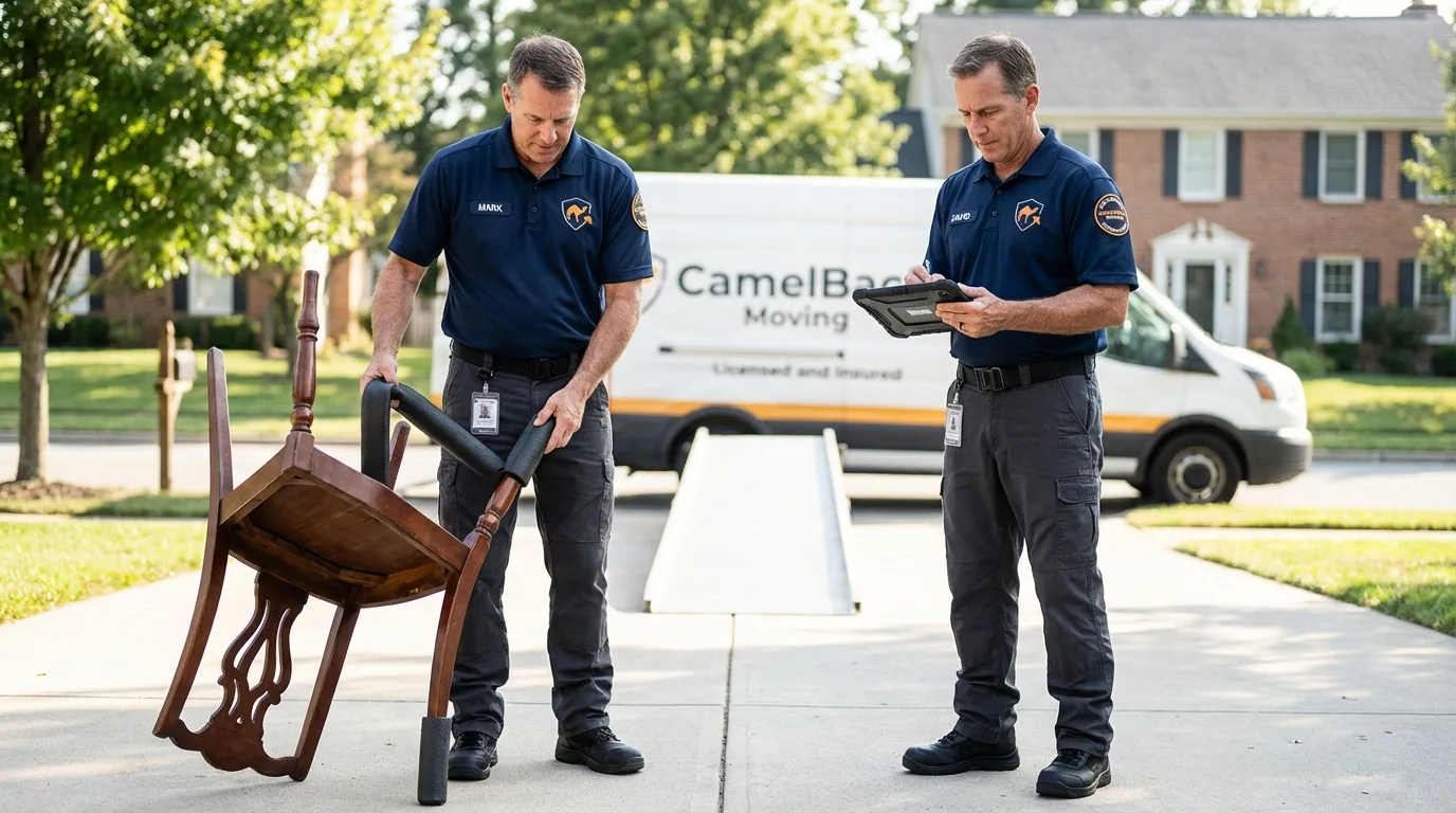 Movers inspecting furniture for damage prevention before loading in New Orleans, LA
