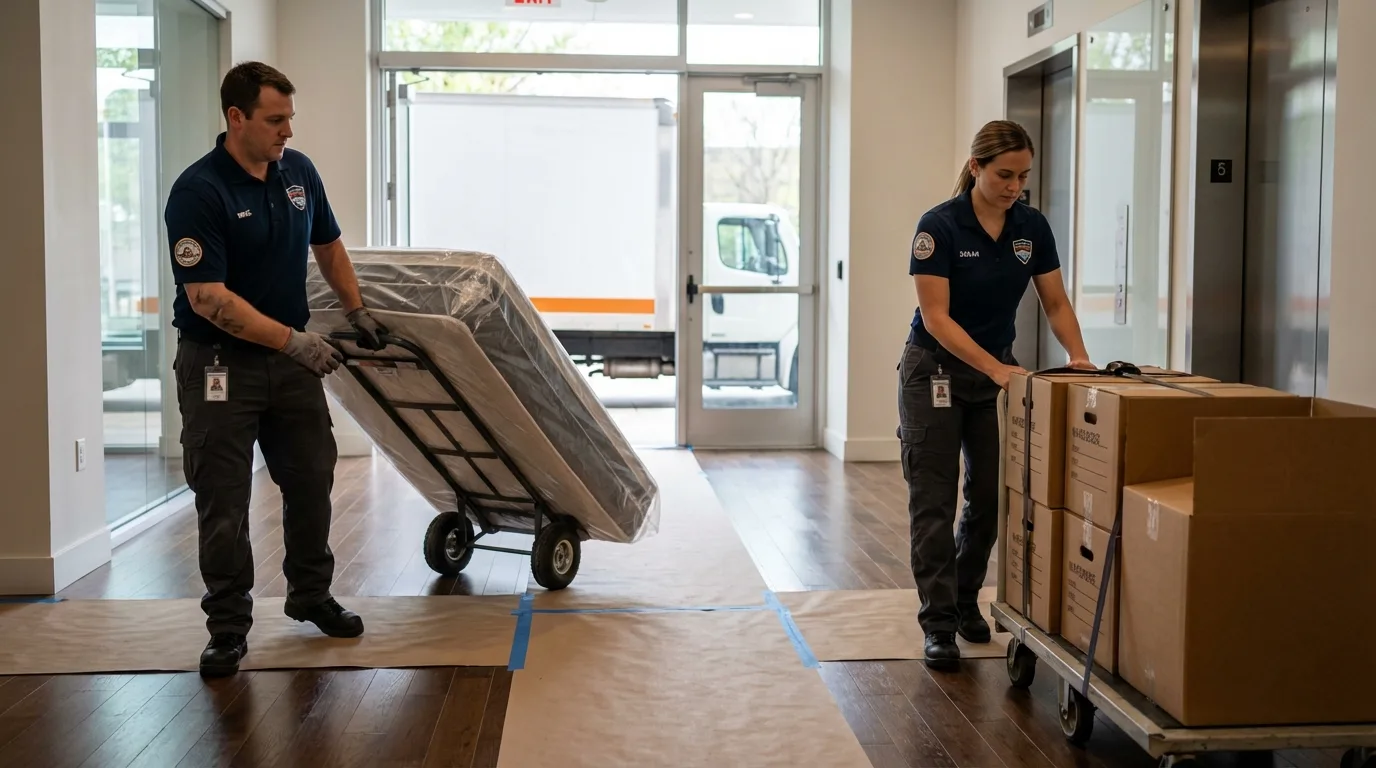 Professional apartment movers loading elevator in New Orleans, LA