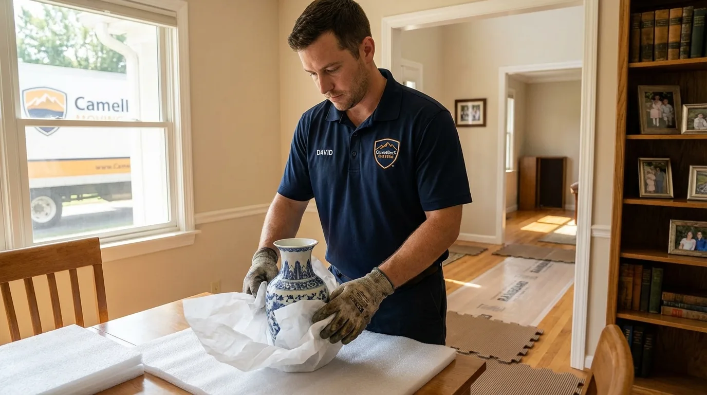 Professional crew carefully wrapping antique vase for senior downsizing move in New Orleans, LA